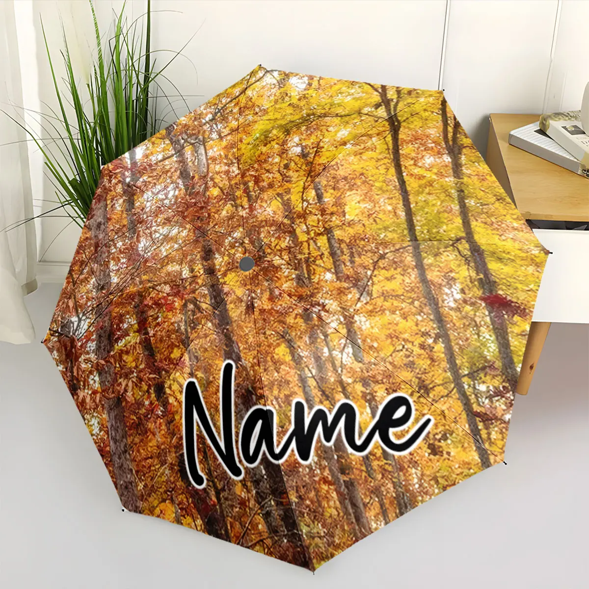 Custom Name Autumn Forest Printed Umbrella Design Print 8 Iron Ribs Folding Umbrella, Auto-Open Fashion Sunshade