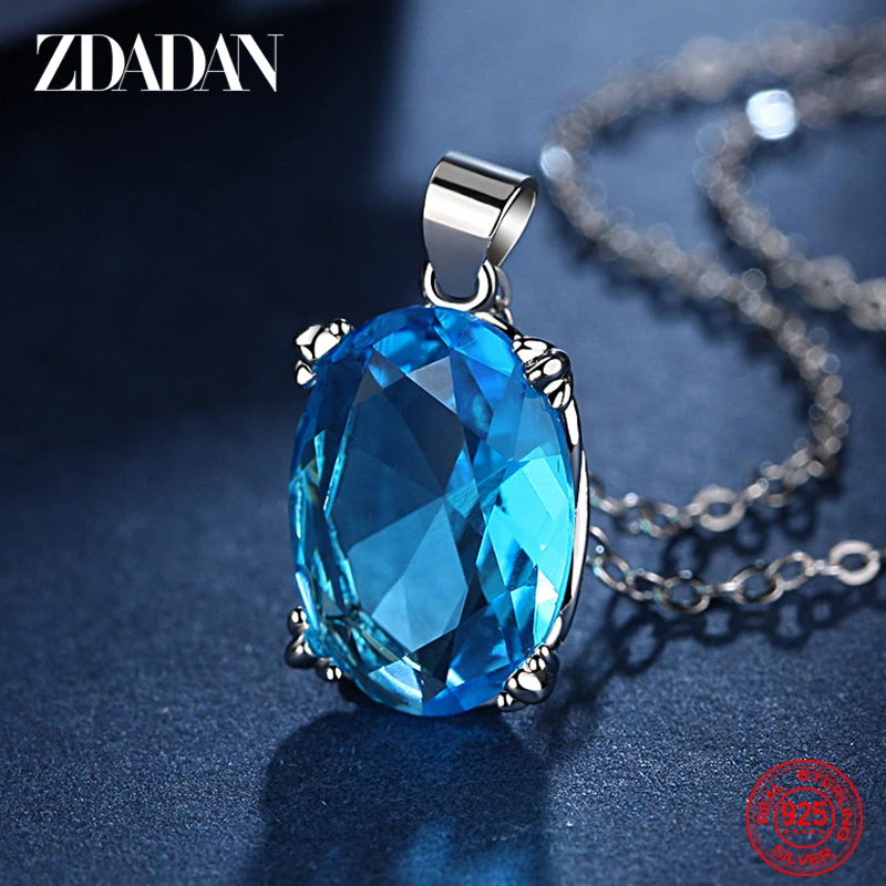 ZDADAN 925 Silver 23MM Blue Zircon Necklace Chains For Women Fashion Jewelry
