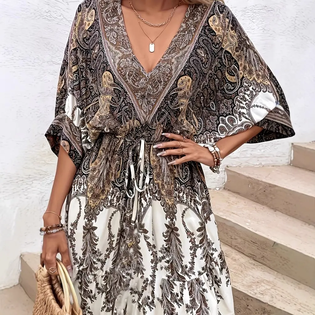 تنورة طويلة برقبة على شكل حرف V بتصميم عتيق على الطراز العرقي بخصر عالٍ وحاشية كبيرة فستان بوهيمي مزين بالزهور لأزياء نسائية الشاطئ