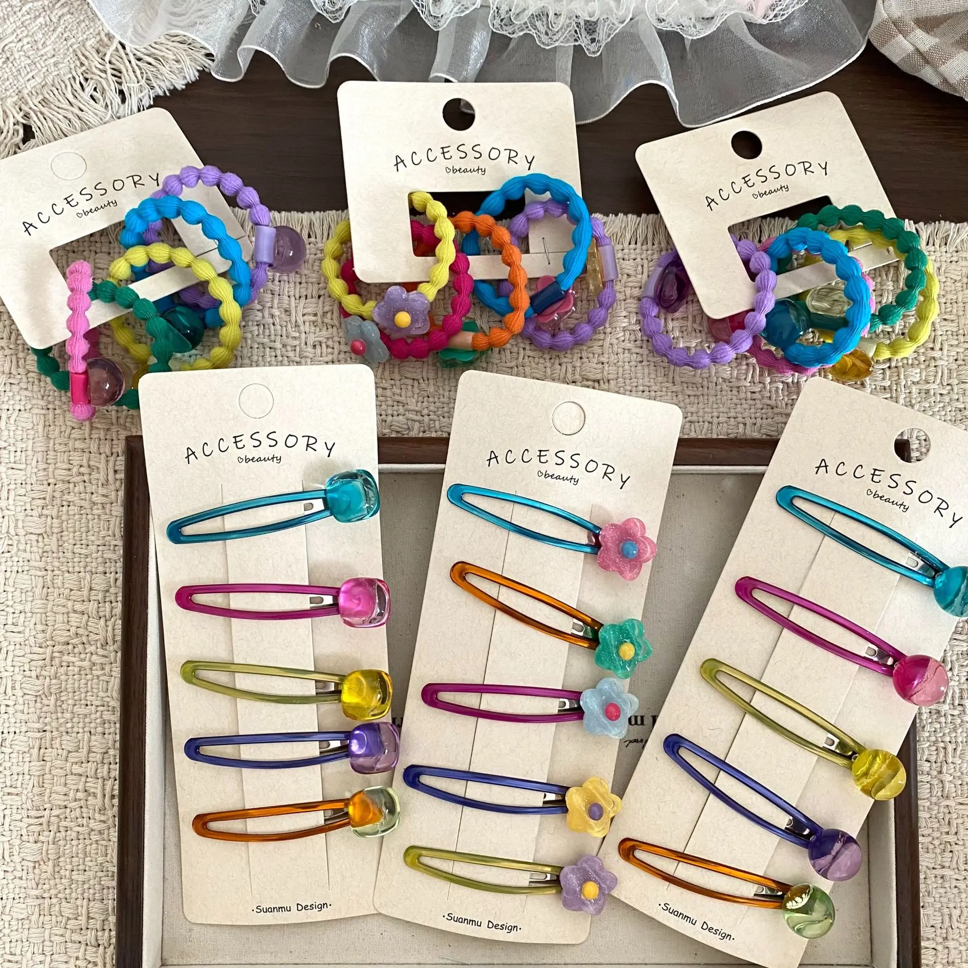 Hair Clip Kids Beaded Flower BB Side Fringe Elastic Hair Tie Collection Lightweight Resin Multicolor Daily Party School Gift