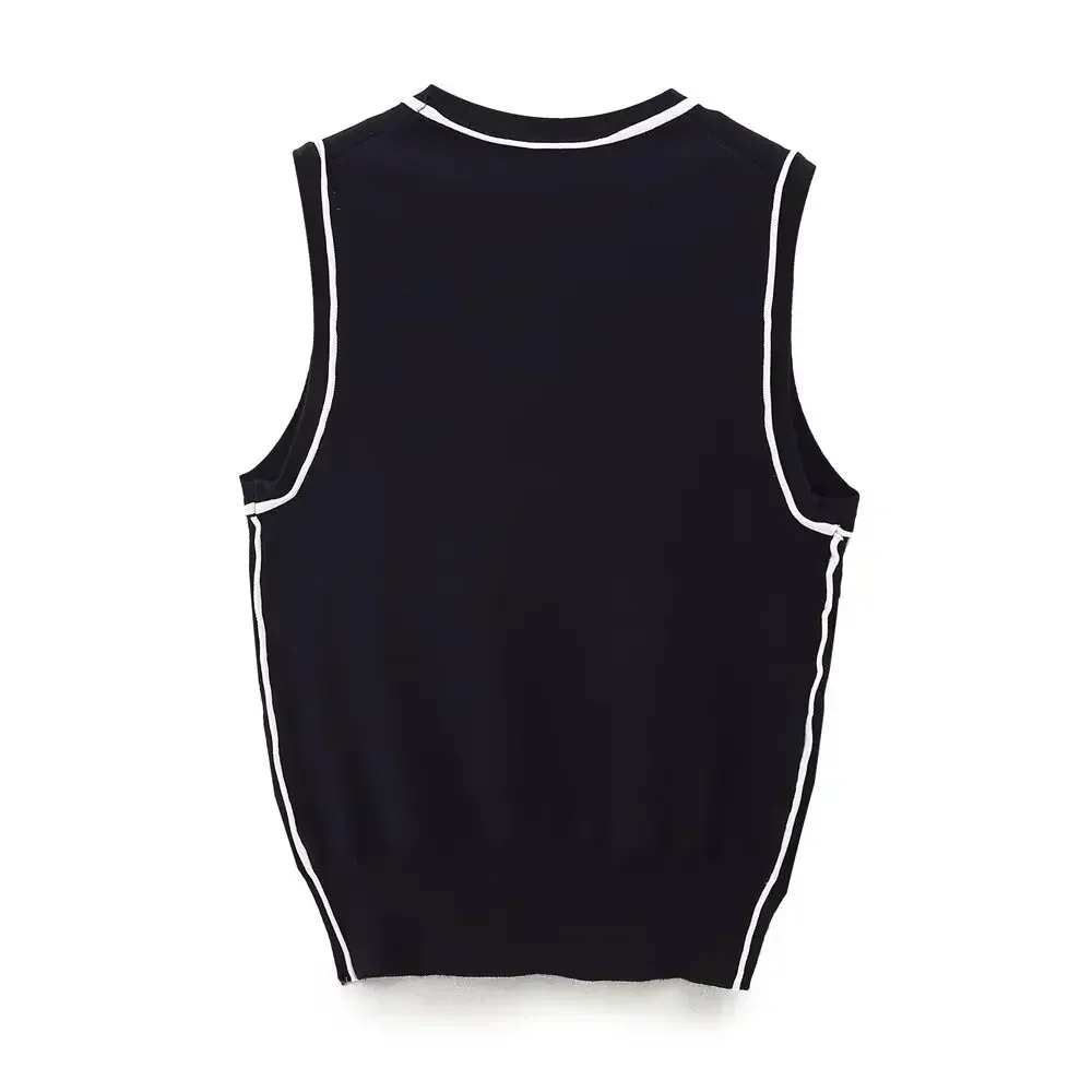 Women's 2024 New Fashion Contrast Edge Design Elastic Slim Fit Knitted Top Retro O-neck Sleeveless Women's Waistcoat Unique Top