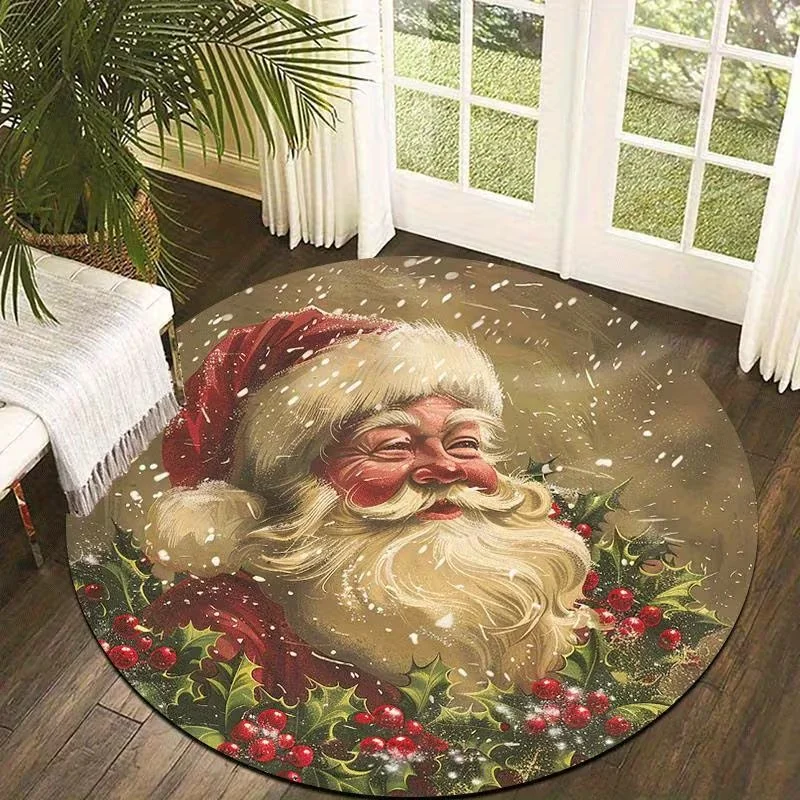 Santa Claus Christmas Round Rug Fireplace Xmas Print Floor Mat Holiday Bedroom Living Room Home Decor Soft Circle Carpet
