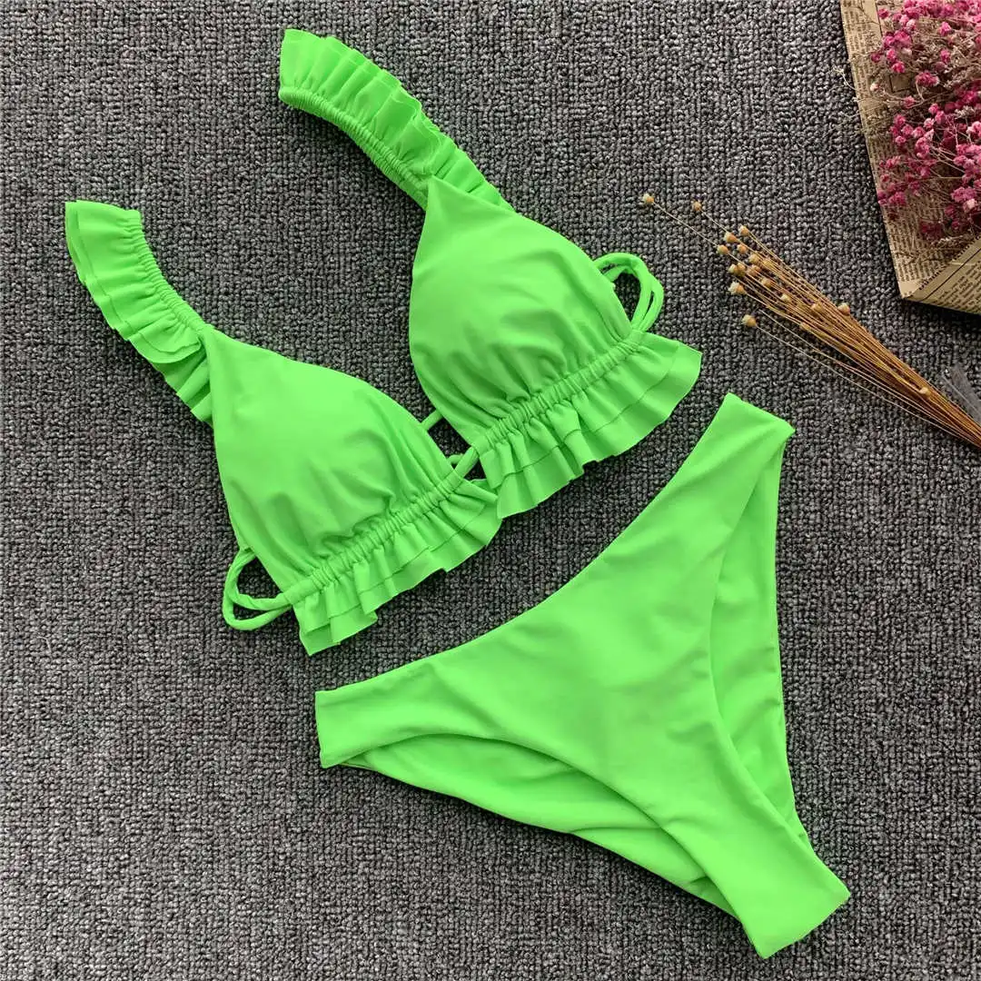 2026 Rüschen-Bikini Damen-Badeanzug Zweiteiliger Bikini-Set mit mittelhohem Bund Badebekleidung für Damen V2358 – Detail 18