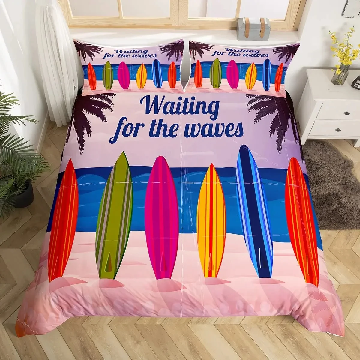 Seaside Surfboard Duvet Cover Summer Beach Ocean Sunshine Starfish Print Bedding Set Hawaiian Holiday Style Surfing Quilt Cover