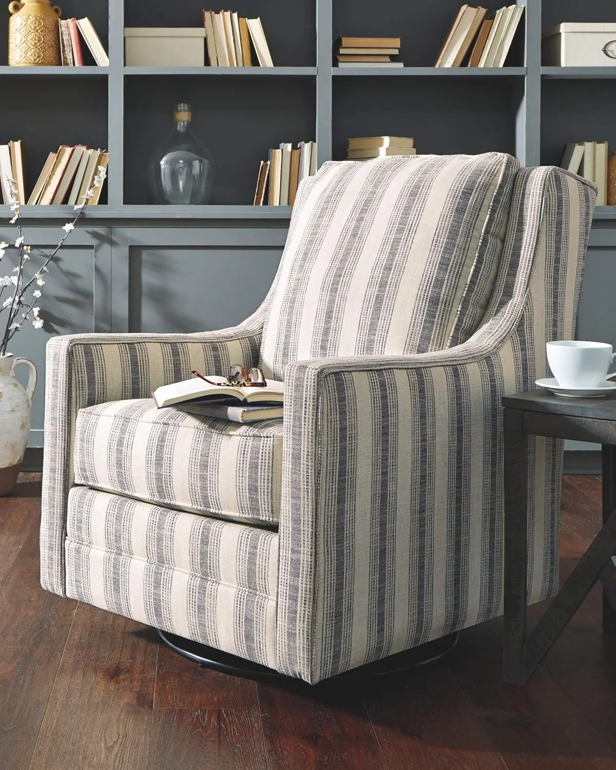 Kambria Striped Upholstered Swivel Accent Glider Chair, Ivory & Black