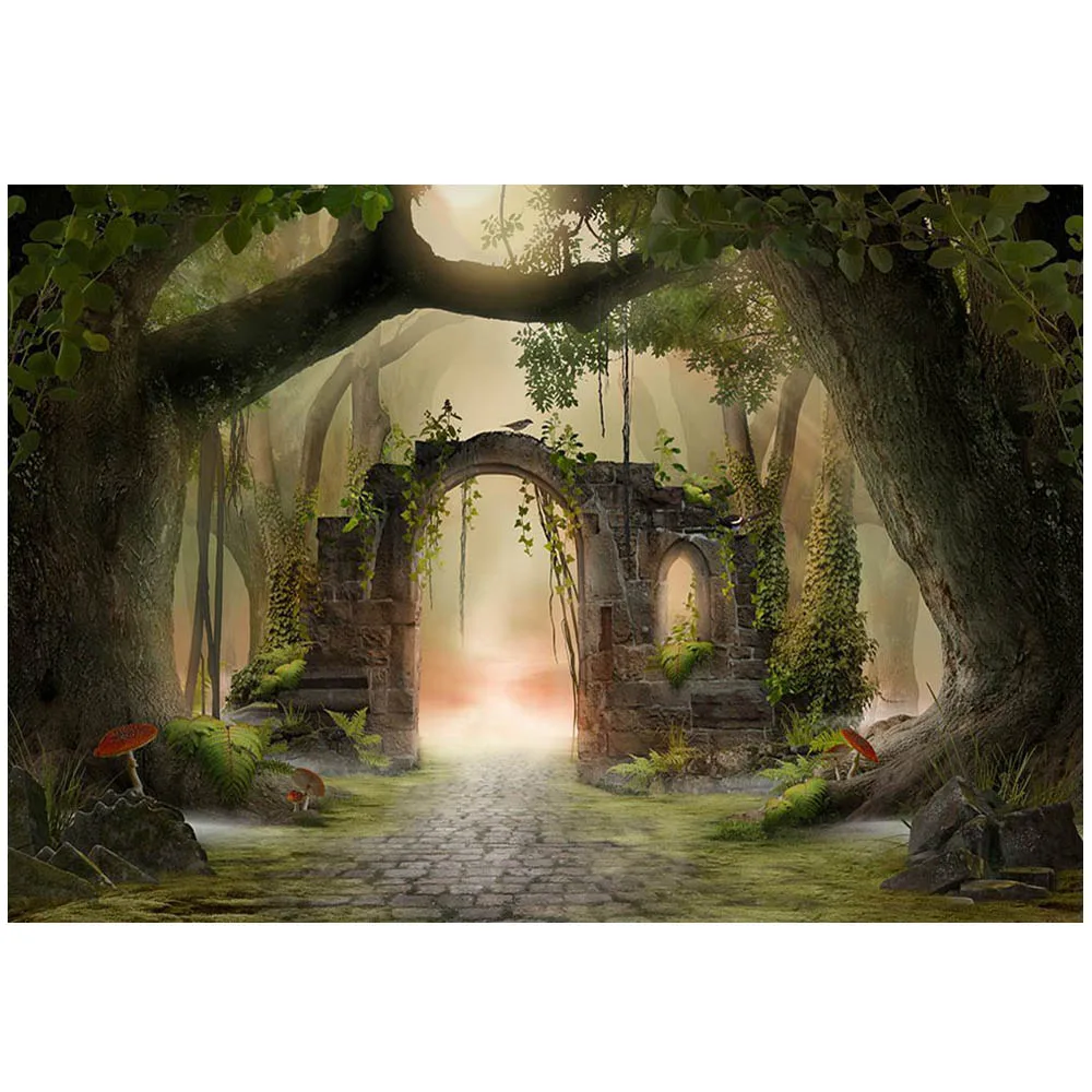Mocsicka Green Wonderland Spring Newborn Photography Props Ancient Tree Arch Door Fairy World Background Studio Photoshoot Props