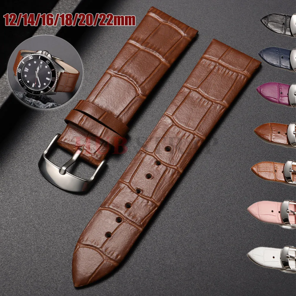 12mm 14mm 16mm 18mm 20mm 22mm Cowhide Watch Strap Universal Watchband for Women Men Solid Buckle Black Brown Watch Accessories