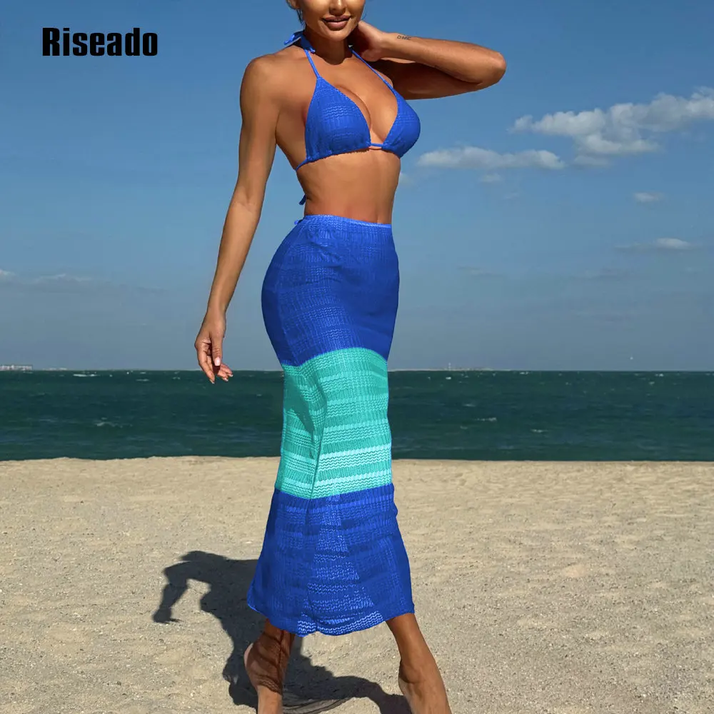 

Женский купальник из трех предметов с лямкой на шее и вырезом, сексуальный комплект бикини с сетчатой юбкой макси, наряд для вечеринки в бассейне