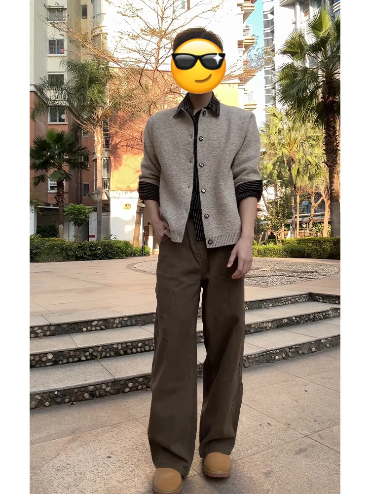 

Мужской вязаный кардиган цвета хаки, весенне-осенний, американский, премиум-класса, прямого кроя, в стиле Cleanfit, для молодежи