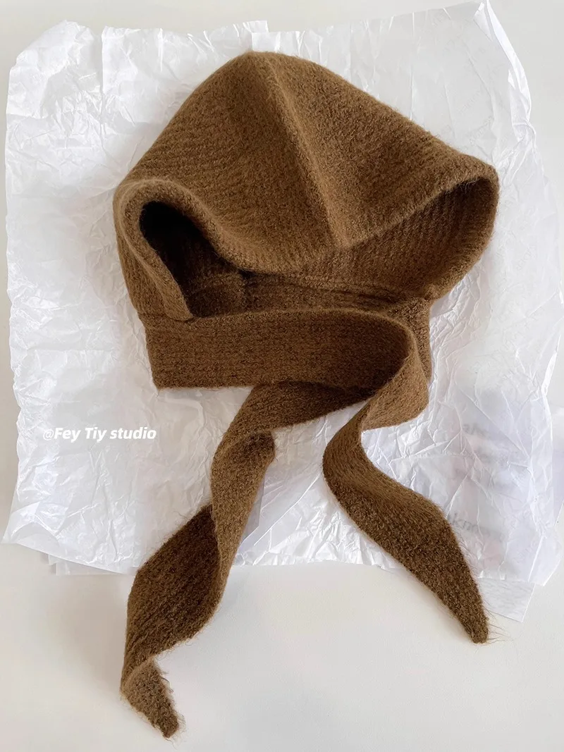 Koreanische Kapuzenschal-Balaclava-Mütze mit Ohrenschutz, warme Mütze für Damen, Retro-Mütze mit Schleife, Winter-Accessoires, gestrickte Mütze. – Detail 7