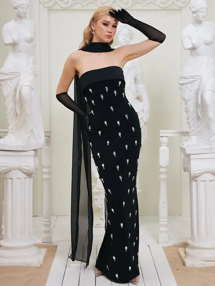

2025 Women Celebrity Sexy Strapless Backless Maxi Long Summer Bodycon Bandage Dress Elegant Evening Club Party Dress