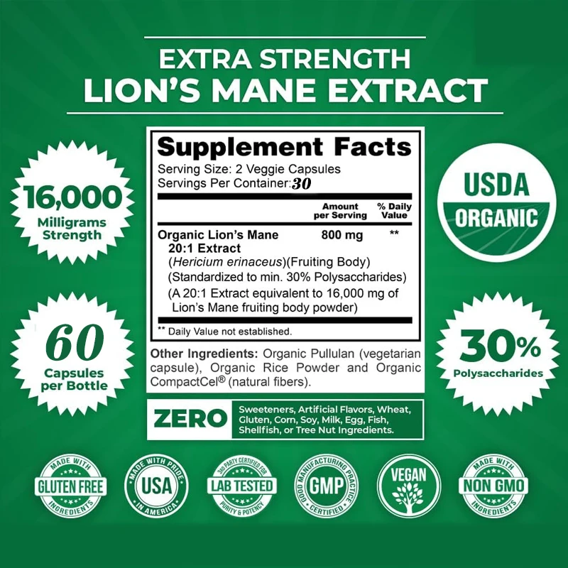 Organic lion mane 20:1 extract,16000 milligrams strength,30% polysaccharide,60 vegetarian capsules concentrated 20 times extract