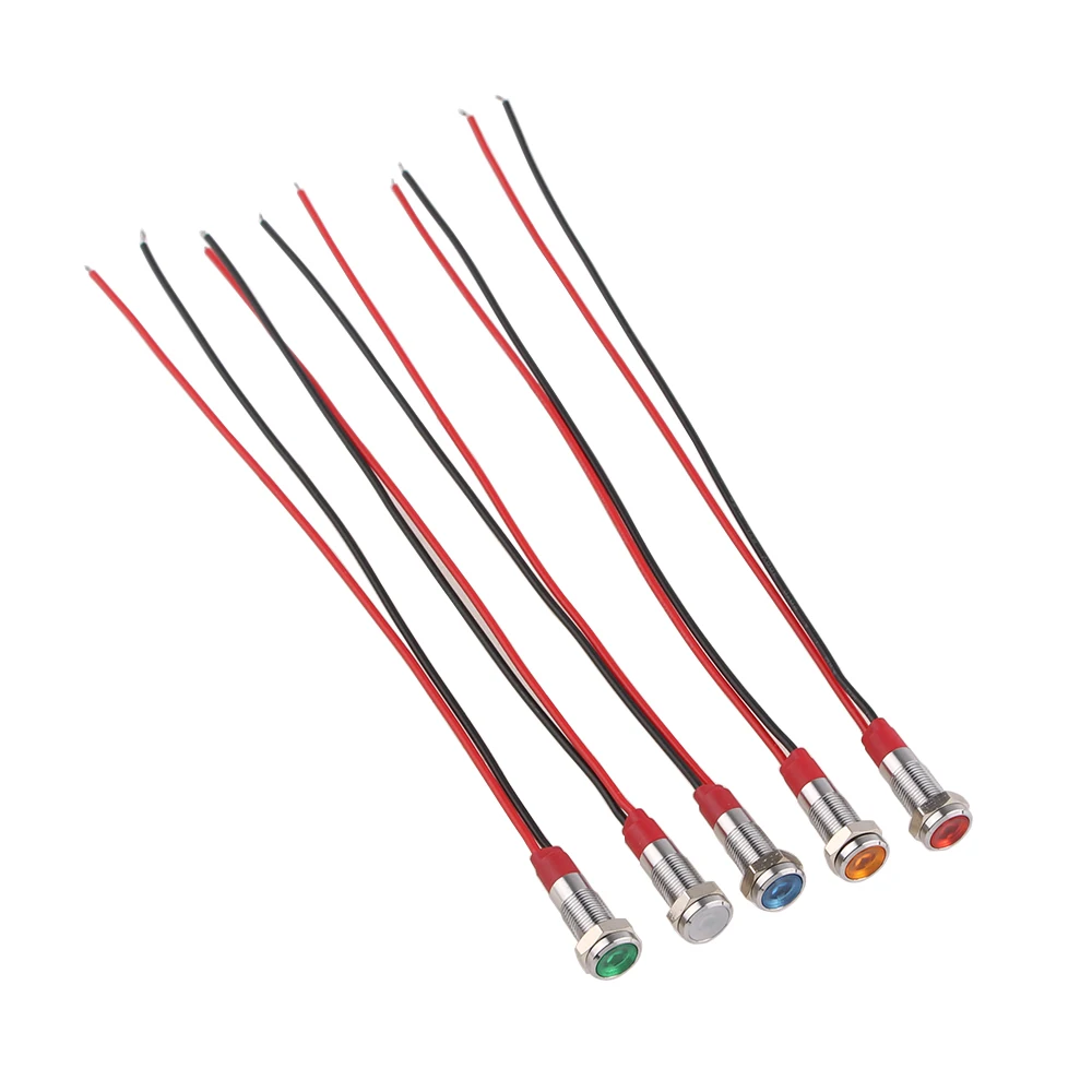 6mm LED Metal Indicator Light 6mm Waterproof Signal Lamp Light 6V 12V 24V 220v Wires Connect Brass Nickel PlatingGreen Red Blue