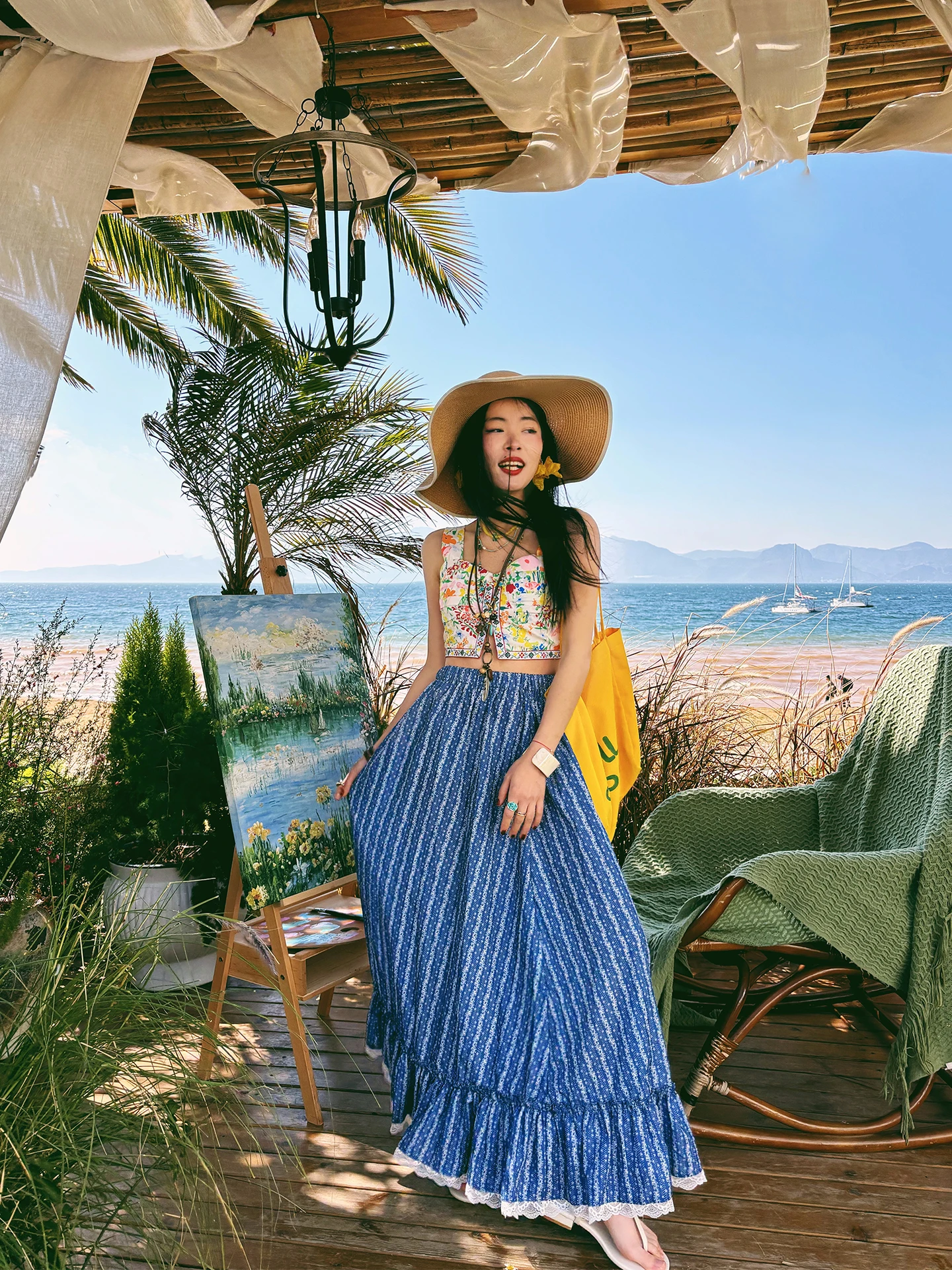 

Feng Holiday Sle Summer Floral Print Strap Vest Blue Striped Skirt Beach Set Women's Loose Fit ort Svel Top