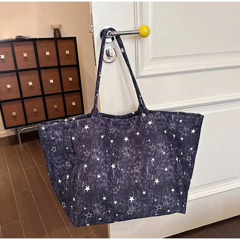 Koreanische Tragetasche mit Sterndruck, Damen-Shopper-Schultertasche, geräumige Handtasche für den täglichen Gebrauch, einfarbig, vielseitig, minimalistisch – Detail 19