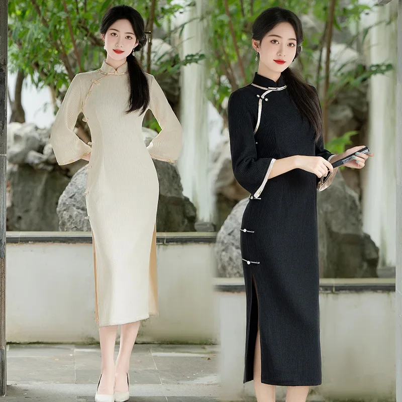 New Chinese Style Inverted Large Sleeves Improved Cheongsam New Youthful Retro Slim Long Sleeves Spring Autumn Dress Qipao