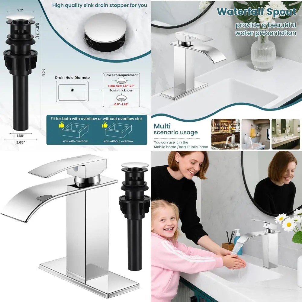 

Modern Single Handle Chrome Waterfall Faucet for Bathroom Sink, 1 or 3 Hole Installation, with Pop-up Drain and Supply Lines