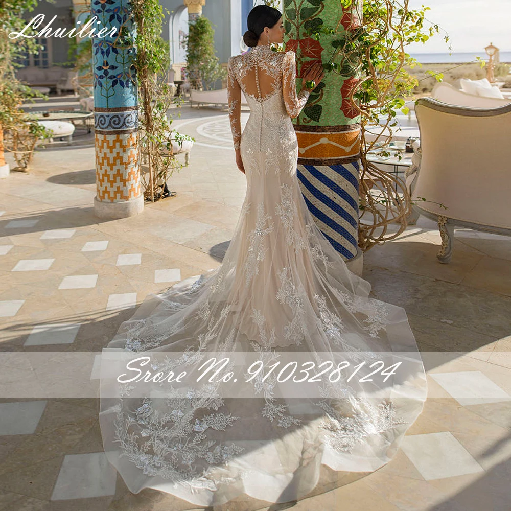 Lhuilier Customized Women's High Neck Mermaid Lace Wedding Dresses Full Sleeves Tulle Bridal Gown with Chapel Train