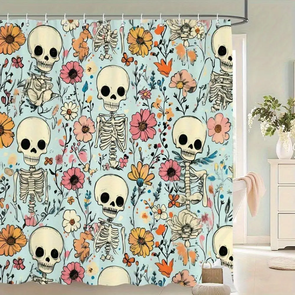Spooky Skeleton and Floral Pattern Shower Curtain Gothic Halloween Bathroom Decor Novelty Curtain