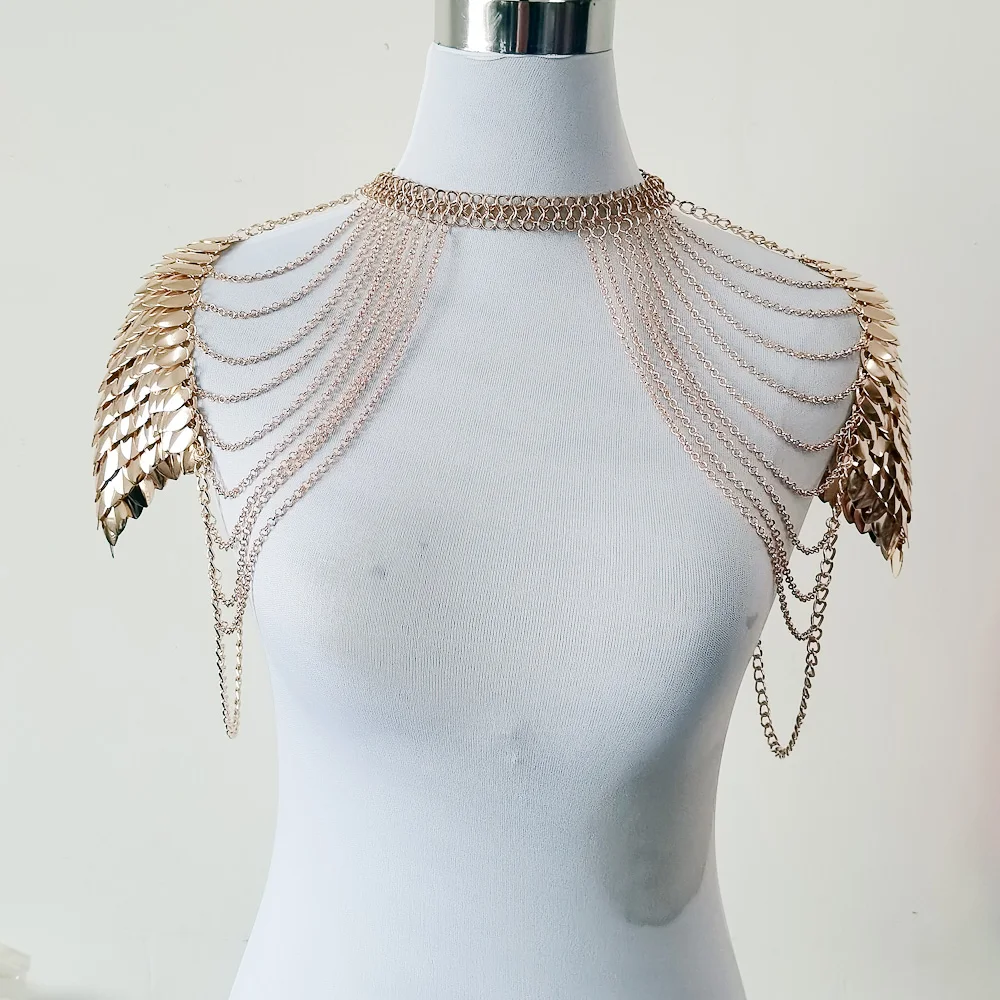 CHRAN Gold Scale Shoulder Chain for Women Gothic Chainmail Layered Dragon Scale Armor Body Chain Necklace Jewelry for Rave