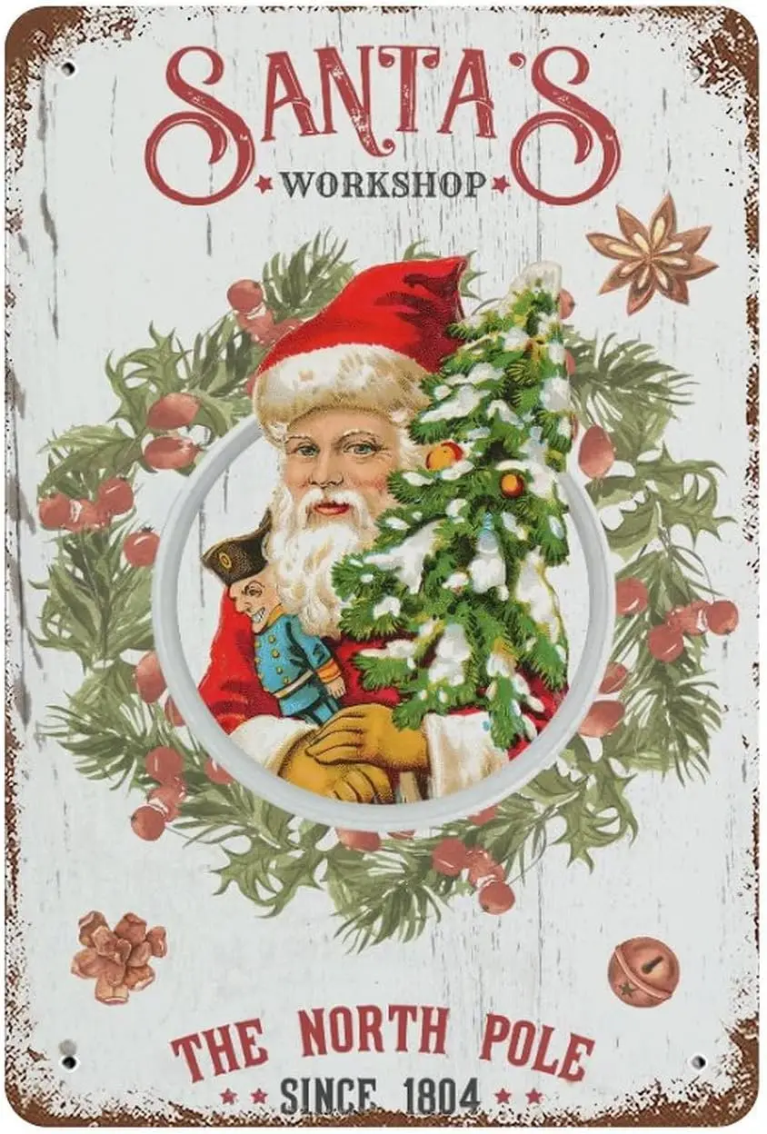 Winter Holiday Christmas Metal Tin Sign Vintage Metal Signs The North Pole Santa’s Workshop Vintage Metal Sign Aluminum Sign Vin