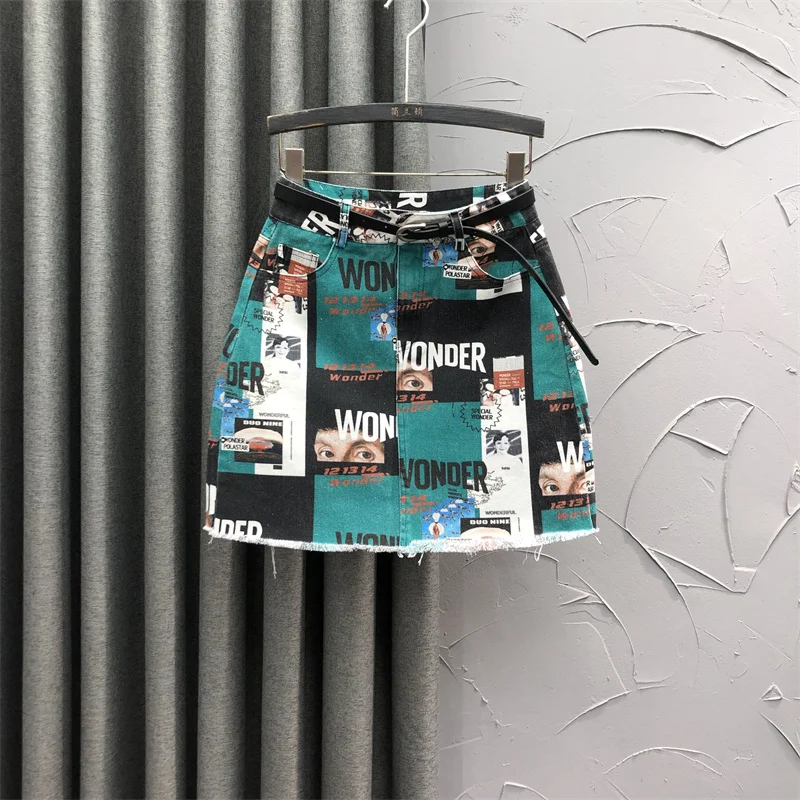Spliced Fashion Print Denim Skirt Women Streetwear Loose High Waist Mini Skirt 2024 Summer Casual A-Line Jeans Skirts Female