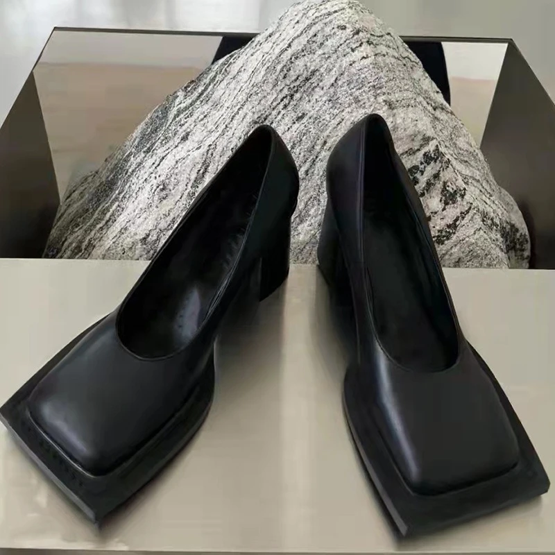 Retro Black Thick Heel Pumps Women Fashion Square Toe Shallow Designer Shoes Elegant Cozy Commuter Office Shoes Zapatos De Mujer view 4