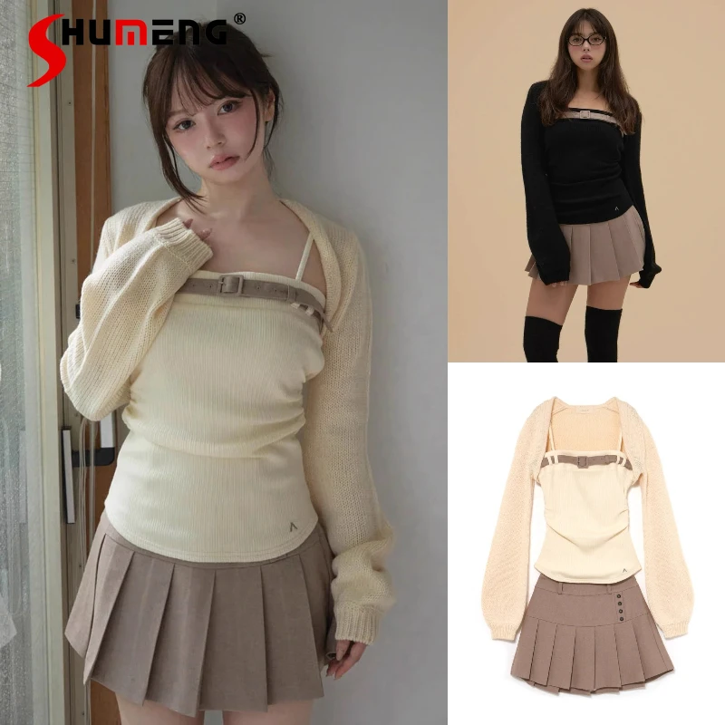 

Autumn Winter Japanese Style Sweet Slim Knitted Camisole Blouse Pleated Skirt 3 Pieces Set Women's High-waisted Skirts Clothing