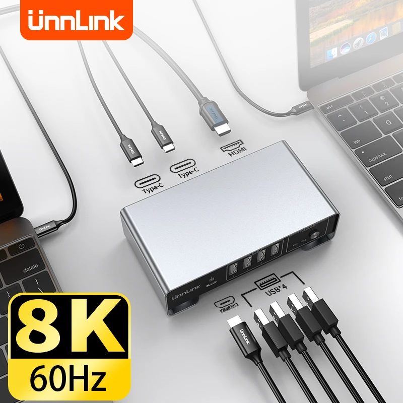 

Unnlink USB C к HDMI KVM-переключателю 8K Тип C Thunderbolt KVM-переключатели 2 типа c для ноутбука Совместный дисплей HDMI с 4 портами USB