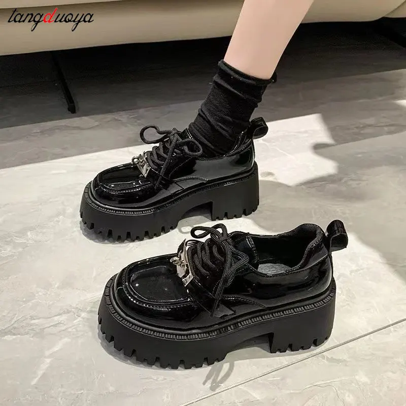 Women Shoes Leather Lace Up Oxford Shoes Thick Bottom High Heels Loafers Ladies Round Head Platform Punk Gothic Lolita Shoes