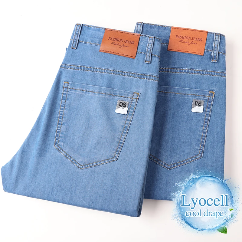 

Spring Summer Men's Lyocell Jeans Lightweight Soft Drape Comfortable Casual Pants Business Straight Ice Silk Cool Denim Pants