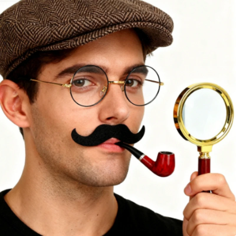 Zestaw akcesoriów do kostiumu detektywa z lat 20.: zawiera kaszkiet, okulary i fajkę, idealny na imprezę o tematyce mrocznych lat dwudziestych.