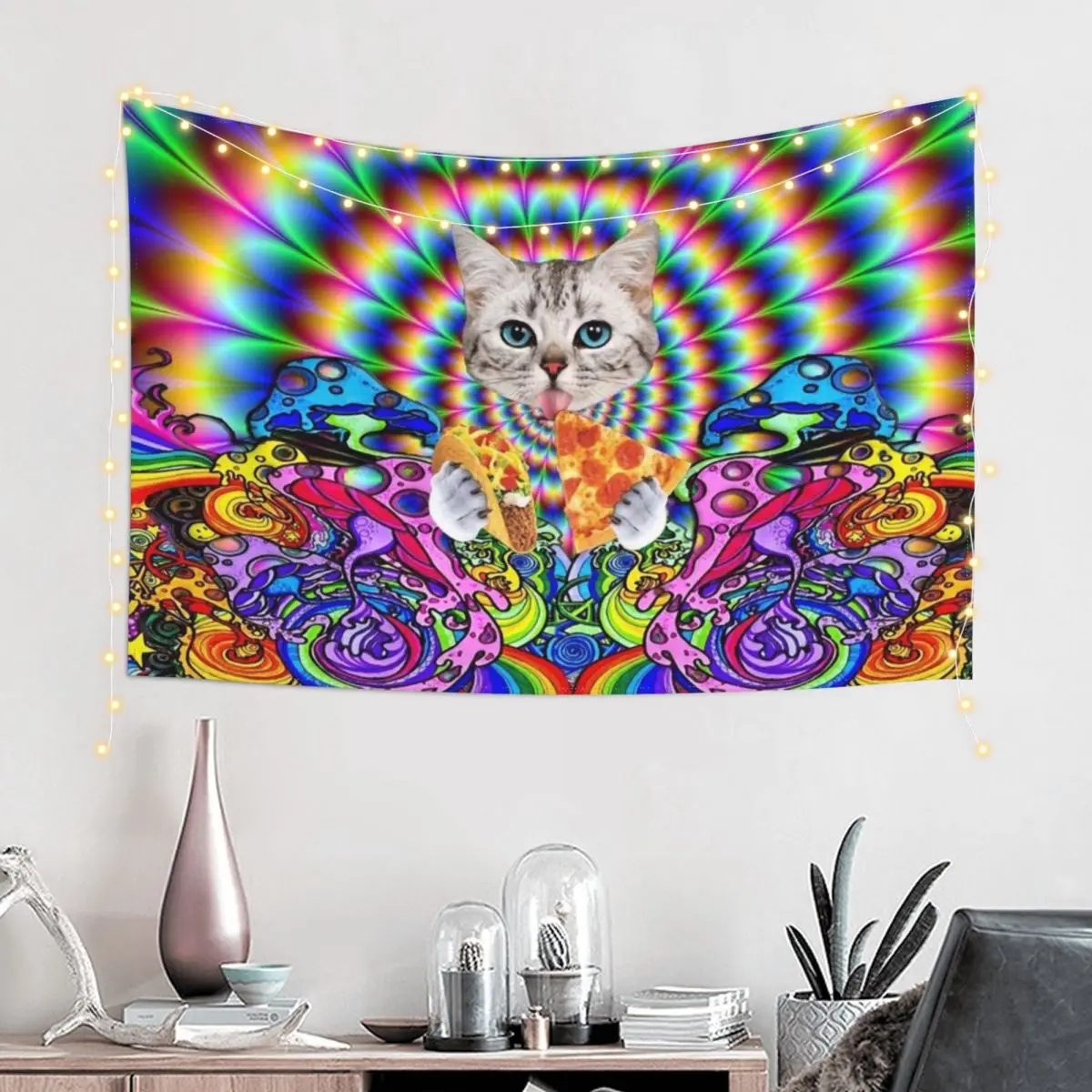 Trippy Taco Pizza Cat Tapestry Japanese Room Decor Home And Comfort Decor Bedroom Decor Tapestry