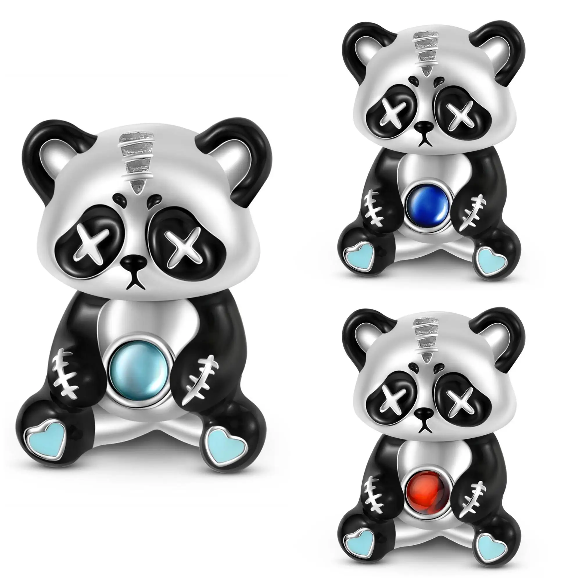 Violent Bear 925 Sterling Silver Heart Footprints Panda Color Bead Charms for Diy Bracelet Beads Pendant Birthday Jewelry Gifts