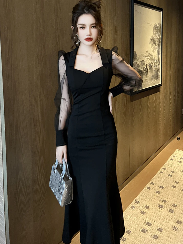 Robe sirène noire en maille transparente, élégante, Sexy, de qualité, pour femmes, manches bouffantes, tenue de soirée, de Banquet, 2023