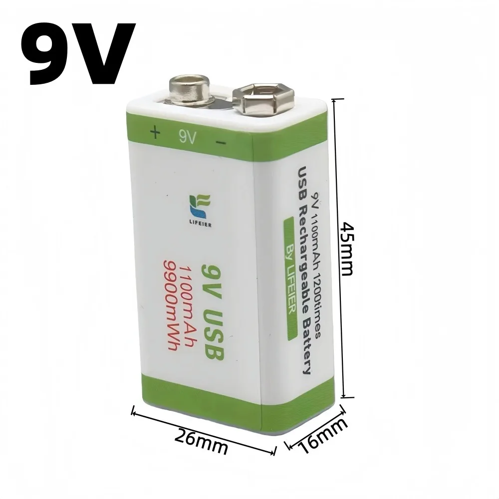 9900mWh 9V 1100mAh Rechargeable Lithium-Ion Battery Type-C 9V Battery for Multimeter Microphone Toy Remote Control KTV Use