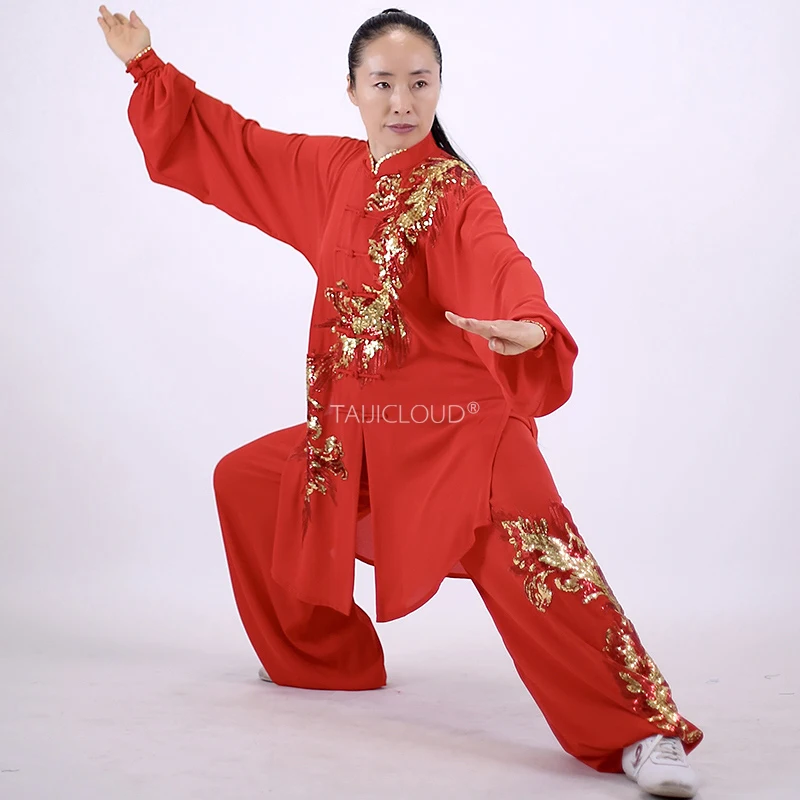 Tai Chi Kung Fu Suit Phoenix Embroidery Sheer Fabric Martial Arts Uniform for Men Women Mid-Length Performance Competition Wear