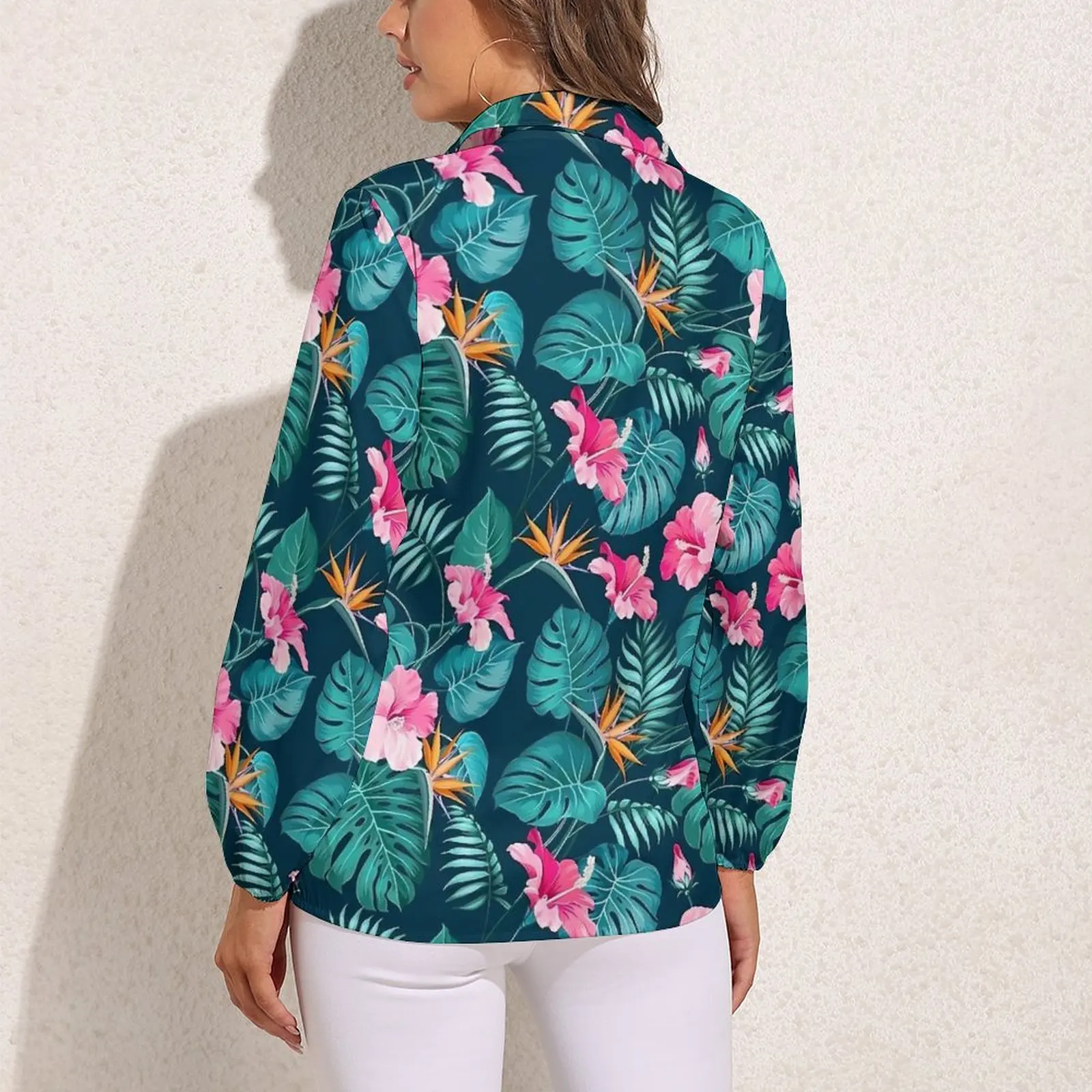 Tropical Flower Blouse Pink Floral Print Office Work Graphic Blouses Women Korean Fashion Shirt Autumn Long-Sleeve Oversize Top