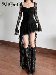 AltGoth Mall Goth Fairycore Dress Women Vintage Aesthetic Elegant Sweet Sexy See Through Irregular Hem High Waist Corset Dress