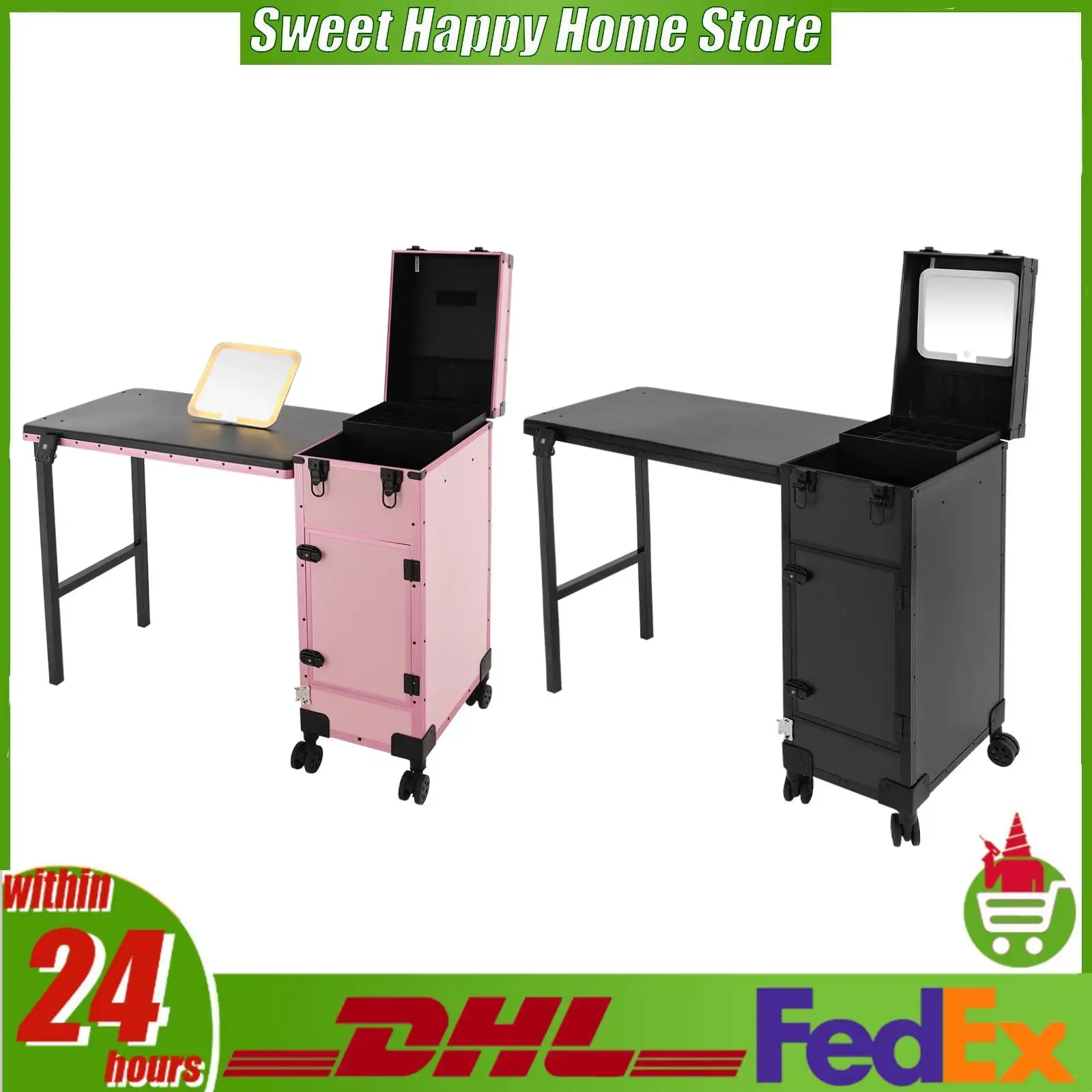 Maletín de Maquillaje con Ruedas, Mesa de Manicura Portátil, Escritorio Plegable para Uñas, Cajones con Cerradura, Maletín de Maquillaje con Espejo LED para Cosmetólogos