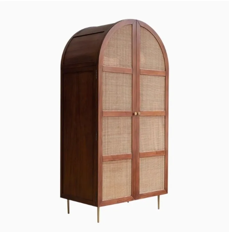 Wabi-sabi style solid wood rattan wardrobe bedroom home storage locker B&B hotel vintage arch storage wardrobe