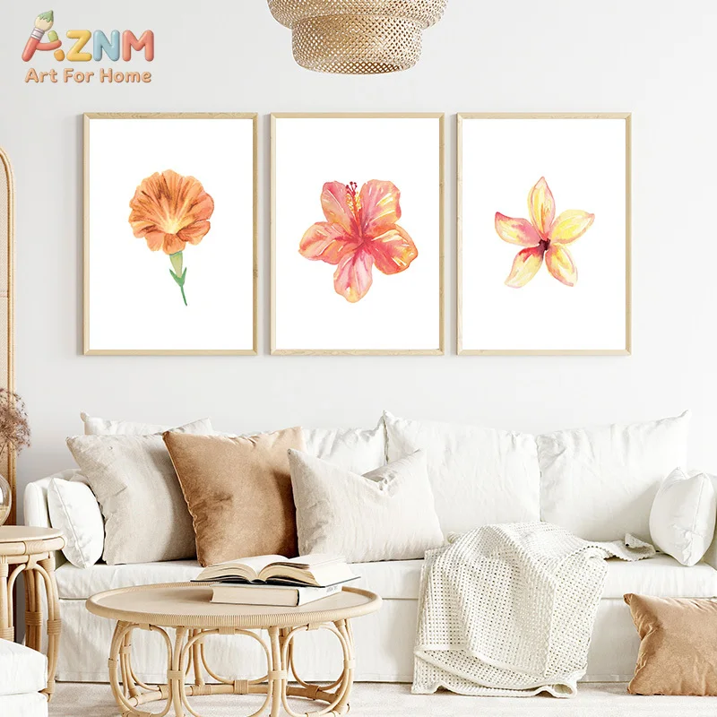 AZNM Watercolor Tropical Flower Canvas Wall Art Hibiscus Print for Boho Home Decor