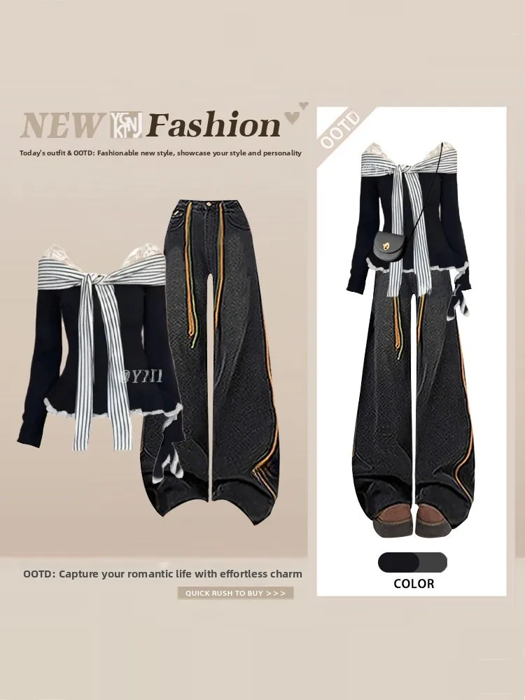 

Sexy Lace Splice Striped Knitted T-Shirt Shoulder Bohemian Drawstring Jeans Set Women's Fashion Spring Collection