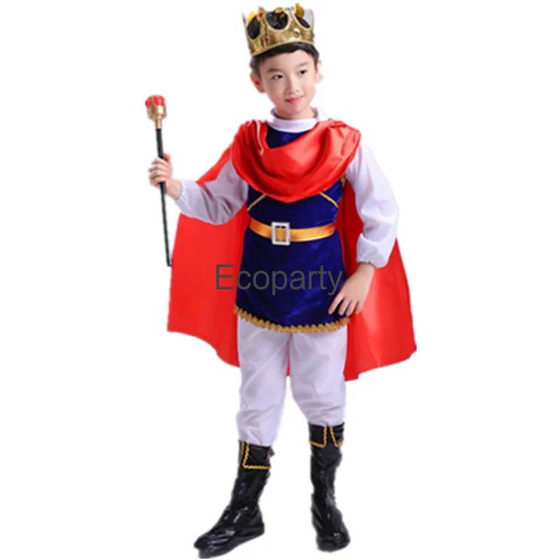 New Kids Prince Costume Deluxe Medieval King Cosplay Outfits Jacket Pants With Cape Crown Set Kids Halloween Party Costumes