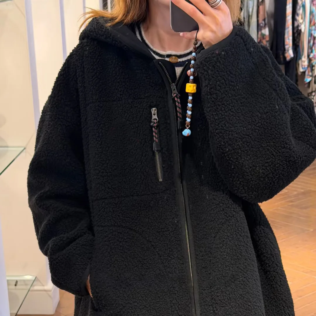 سترة شتوية نسائية جديدة من Saturn بغطاء للرأس من الصوف باللون الأزرق والرمادي الدافئ