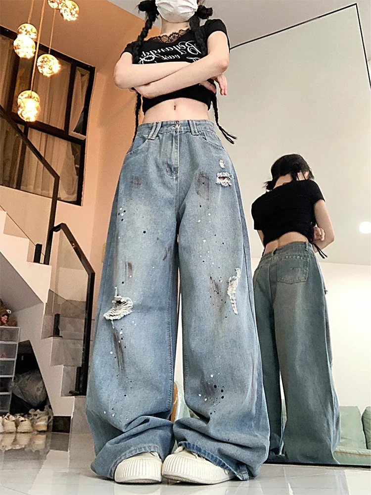 

Harajuku Ripped Jeans for Women Streetwear Y2k 2000s Style Aesthetic Baggy Graffiti Denim Trousers Vintage Jean Cargo Pants