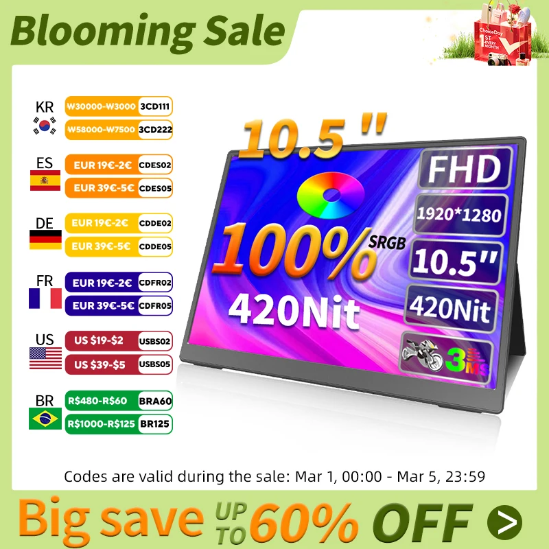 HGFRTEE 10,5 Zoll tragbarer Monitor 1280P IPS FHD 100% SRGB 1500:1 für Laptop Mac Xbox PS4/5 Switch Mini Display