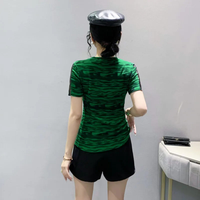 #5417 Summer Short Sleeve T Shirt Women Butterfly Diamonds Sexy Skinny Tshirt Spliced Mesh Short Sleeve Office T-Shirt Vintage