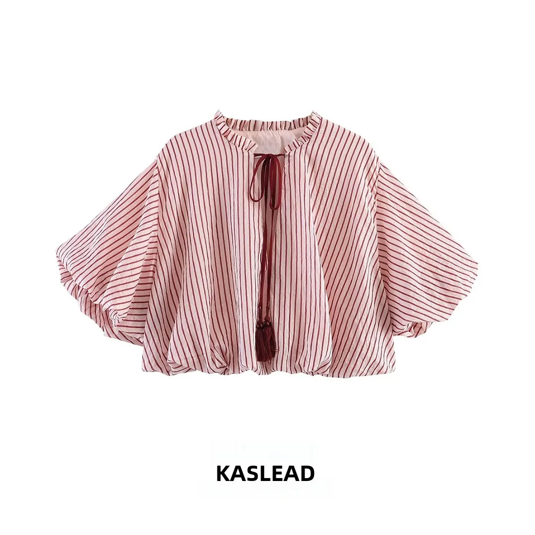 

KASLEAD New Women's Fashionable Striped Balloon Sleeve Shirt with Bow Tie Versatile Polyester Fiber Short Sleeve round Neck