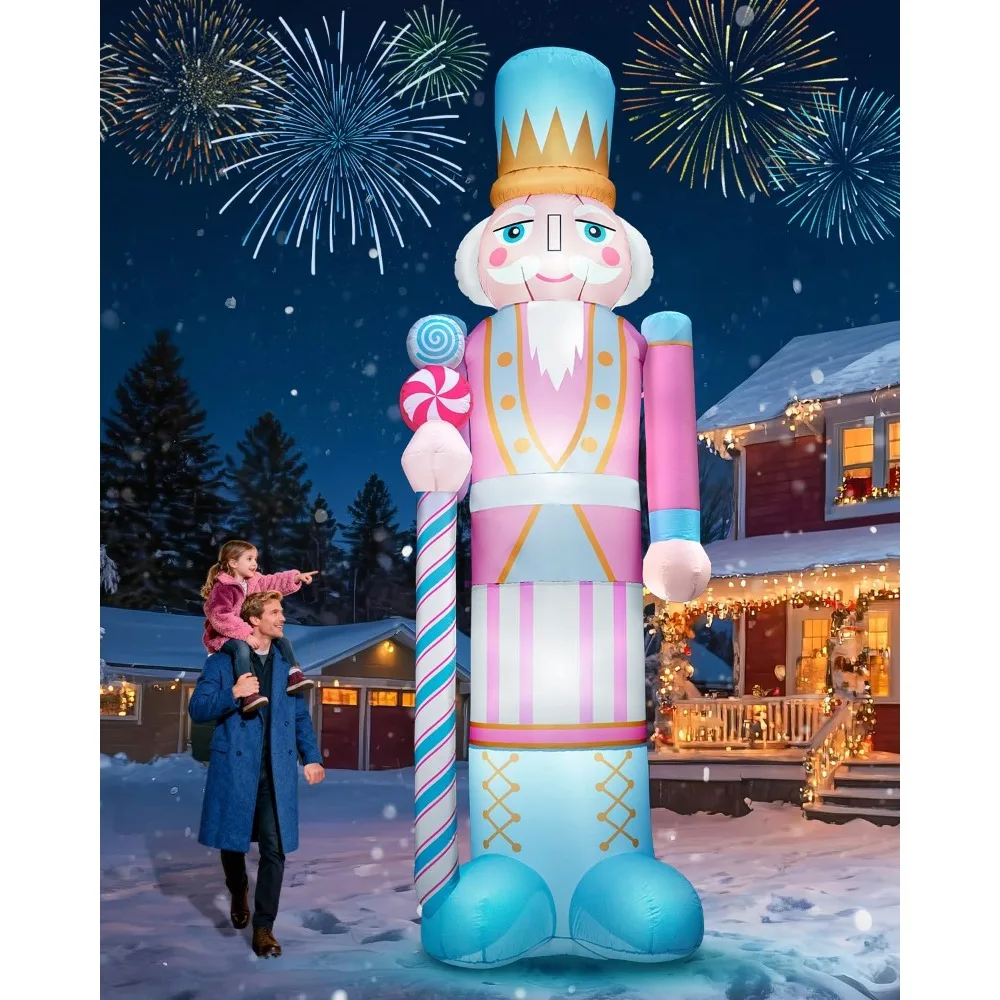 

12FT Giant Christmas Inflatable Nutcracker, Huge Pink Christmas Decoration Outdoor Hold Cane Large Blow Up Yard Decorations Blow